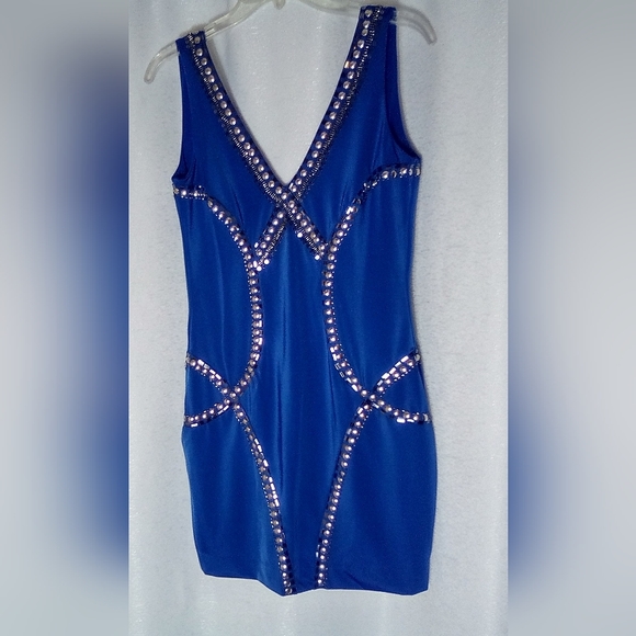 New Small Blue Silver Bebe Tribal Rings Knit Dress Homecoming Prom Holiday Party - Picture 6 of 11